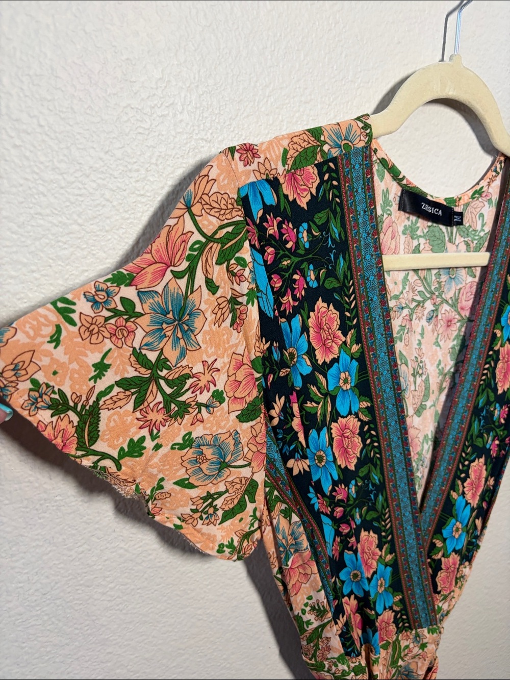 Floral V-Neck Mini Dress in Peach with Blue Accents - Picture 3 of 7